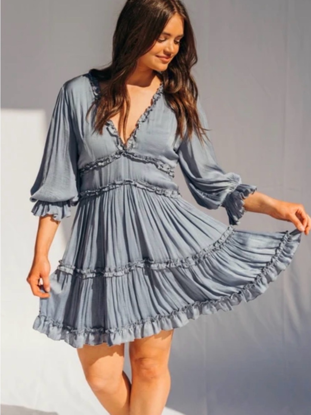 She + Sky Dusty Blue Ruffle Tiered V-Neck Mini Dress